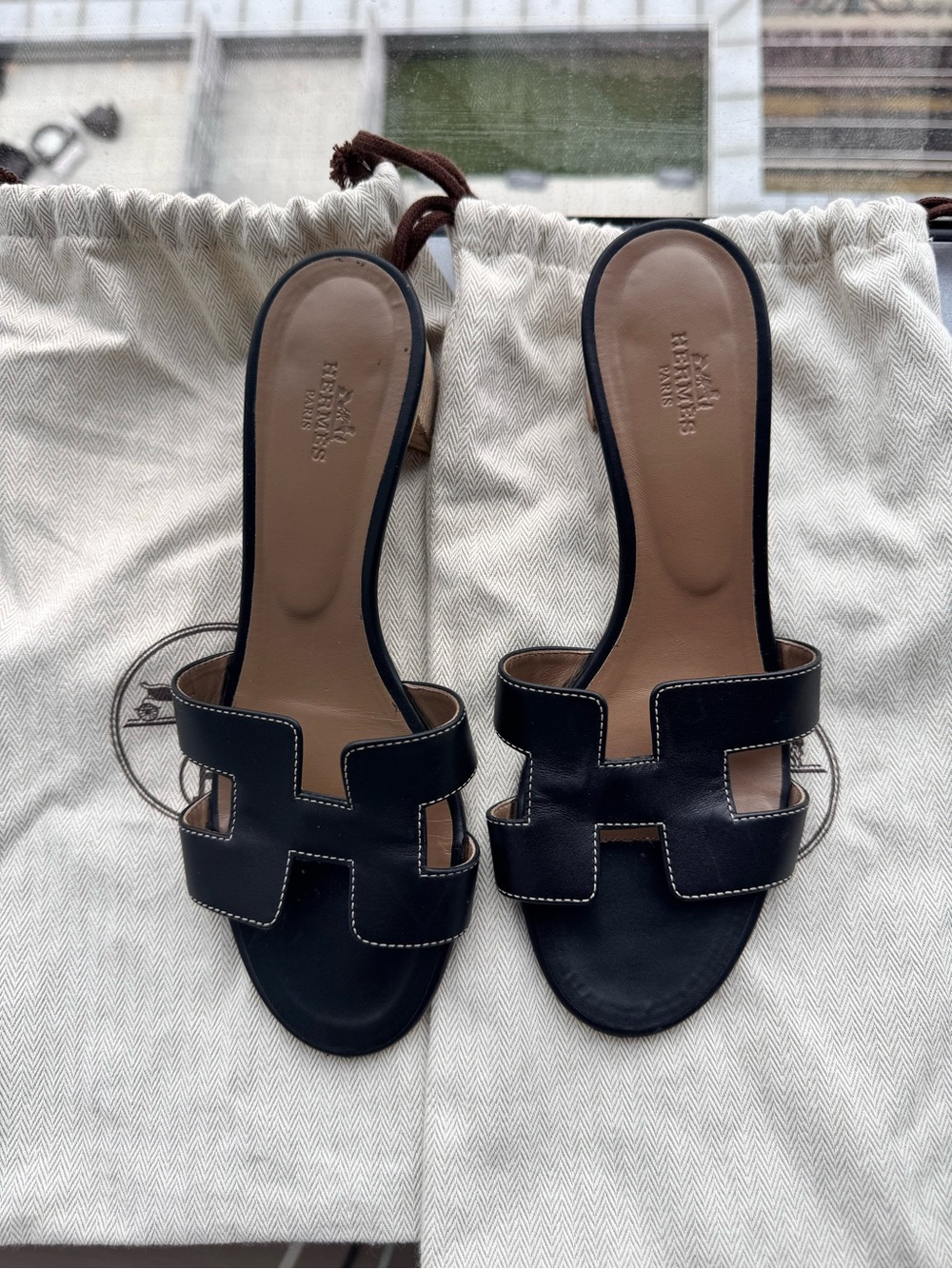 Hermes Black Oran Leather Slide Sandals - Women
